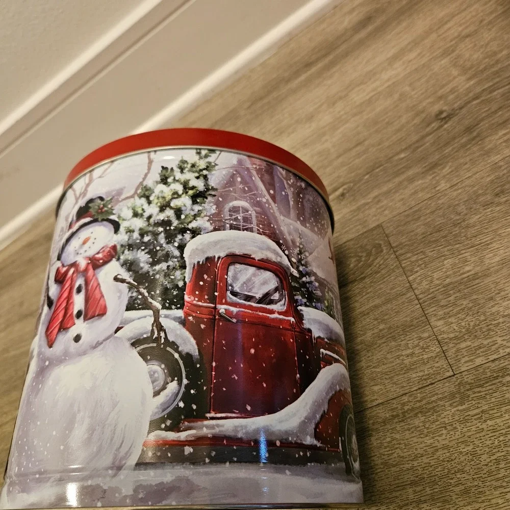 holiday seasonal container Tin Christmas Winter Snow Village Signed Aaron